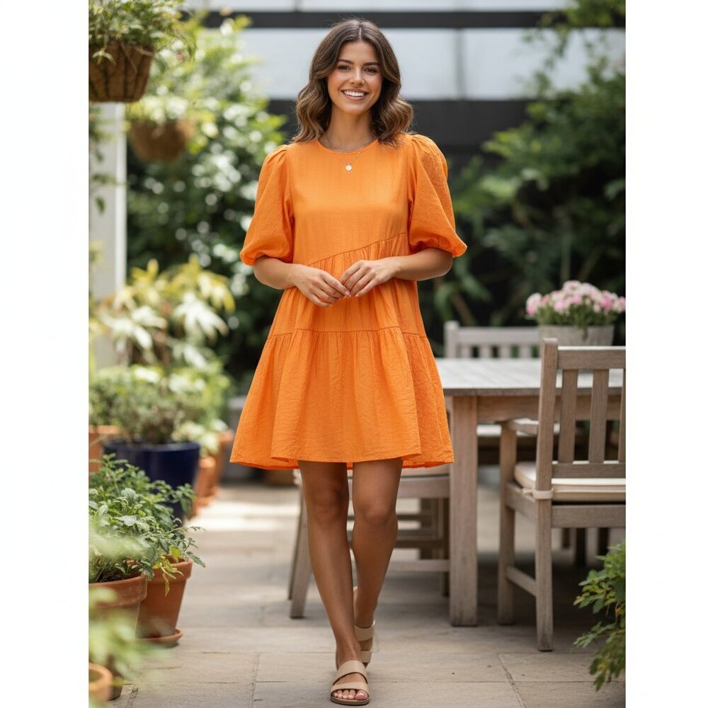 Moon River  Bubble Sleeve Tiered Mini Dress in Orange
